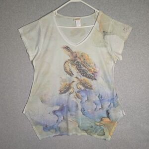 Sunshirt Graphic T-Shirt Women XL Green Sea Turtle Rhinestone Asymmetrical Hem
